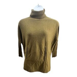 Garnet Hill Cashmere Wool Oversized Turtleneck Sweater Green M Kangaroo Pocket